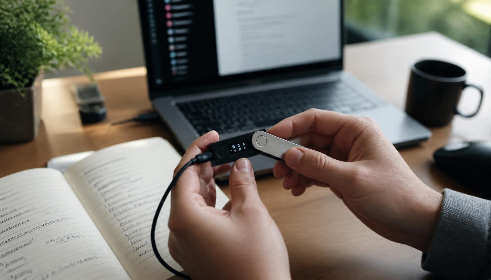 Custódia de bitcoin em carteira própria (hardware wallet) Pessoa segurando uma carteira física de criptomoedas conectada por cabo, com notebook e caderno de anotações sobre a mesa