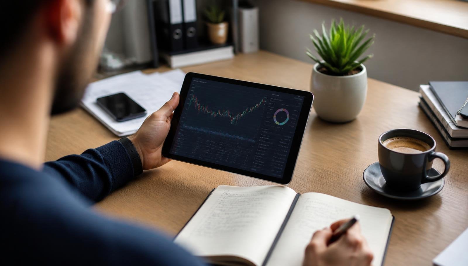 Investidor analisa a composição de uma carteira diversificada em um tablet, com caderno de anotações sobre a mesa