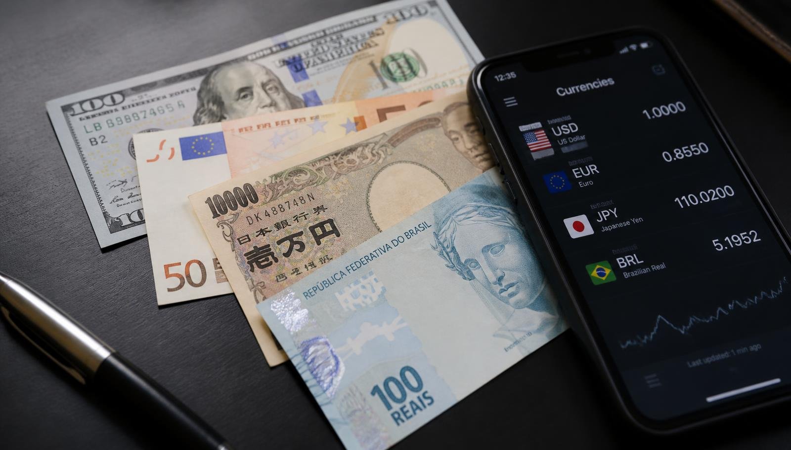 Pares de moedas e conversão cambial Notas de dólar, euro, iene e real sobre mesa escura ao lado de smartphone exibindo cotações de moedas