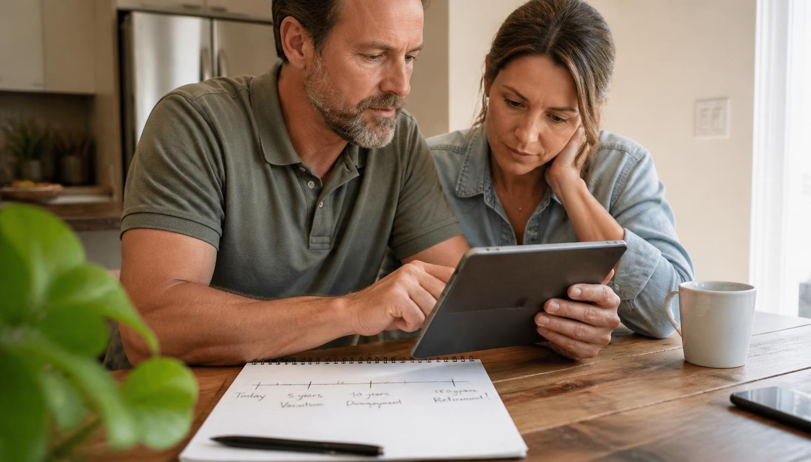 Planejamento de longo prazo com títulos públicos Casal analisando planejamento financeiro de longo prazo em um tablet, com anotações e linha do tempo desenhada em um caderno sobre a mesa