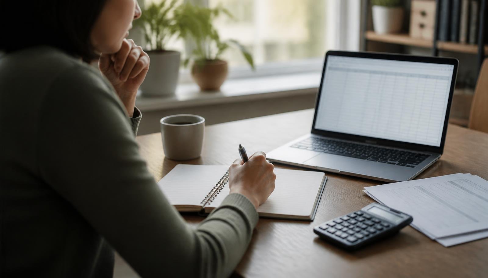 Planejamento de carteira para proteger o poder de compra Mulher revisando planejamento financeiro em um caderno, com notebook exibindo planilha, calculadora e documentos sobre a mesa