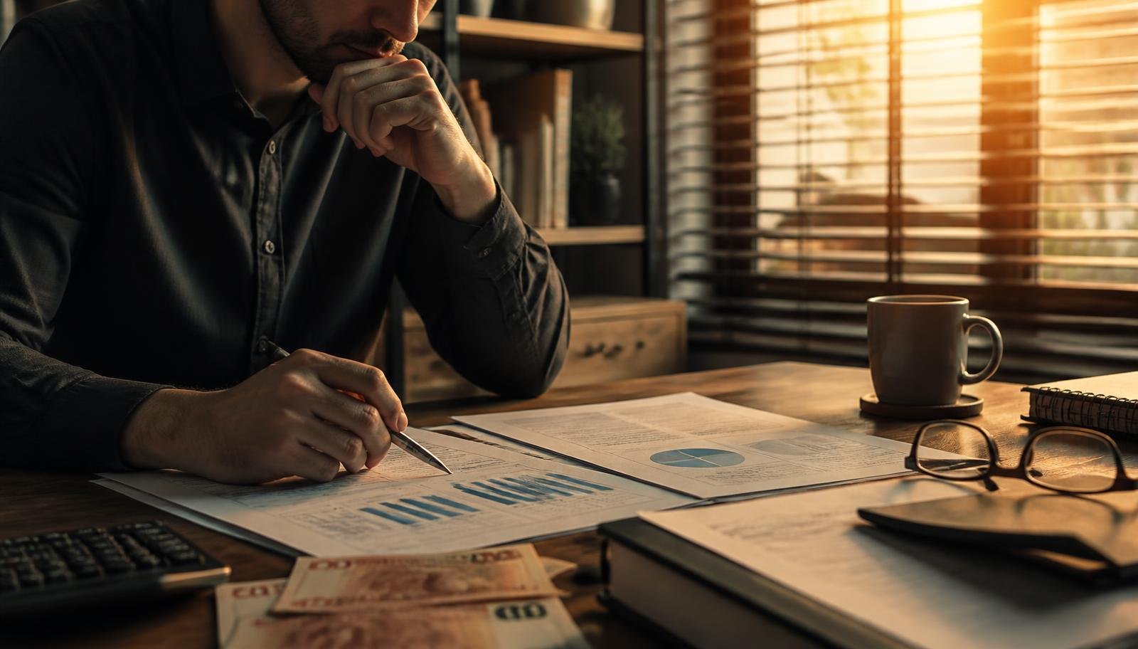 Como a taxa Selic afeta o planejamento financeiro e os investimentos Pessoa analisando relatórios financeiros impressos sobre uma mesa de madeira, com calculadora, óculos e notas de real, em luz natural